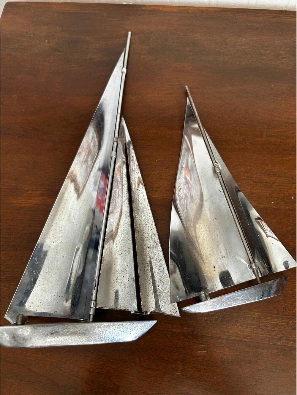 Vintage Sailboat Sculpture Set Metal MCM Coastal Nautical Decor